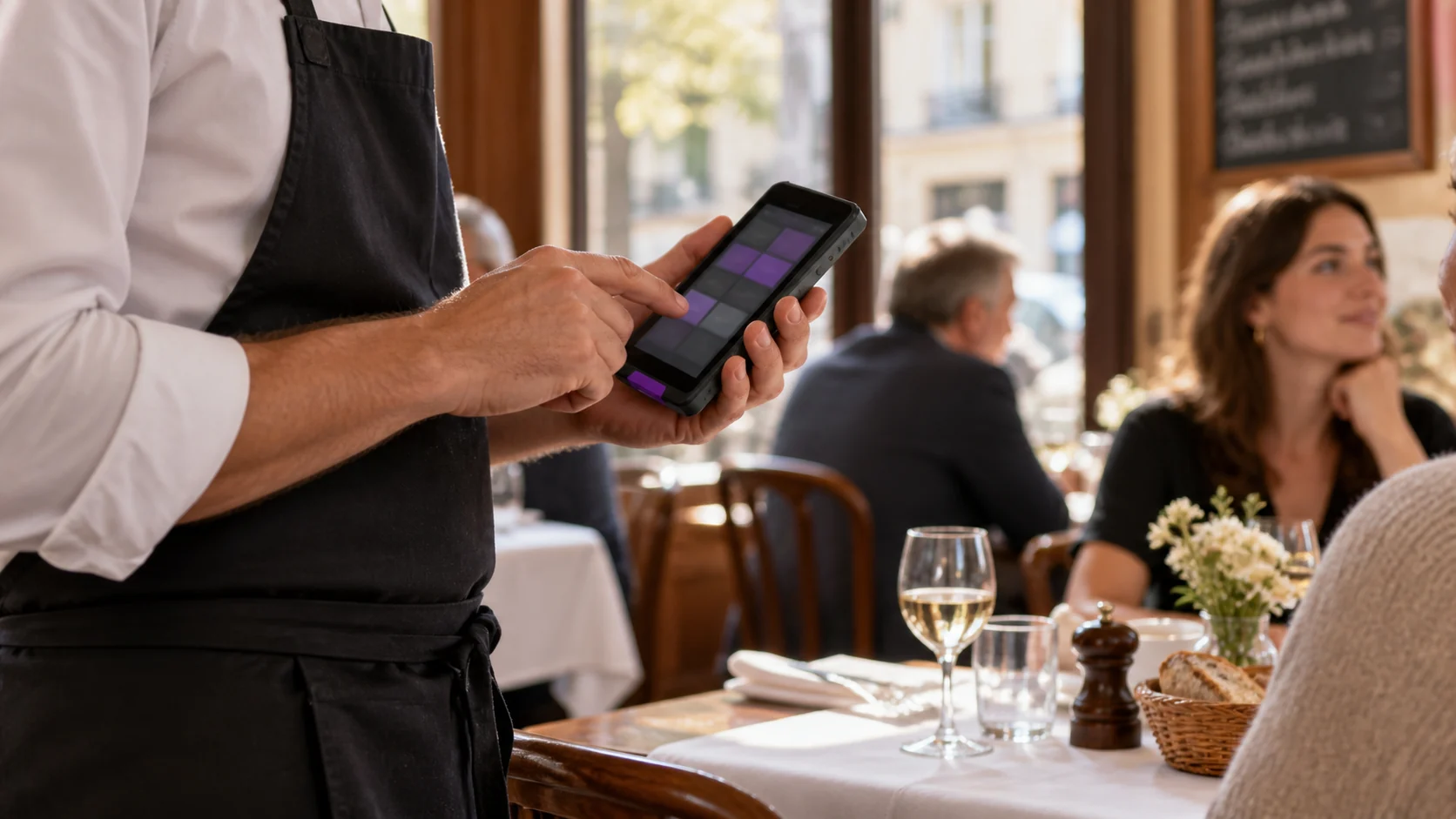 Prise de commande sur un terminal tactile en salle de restaurant