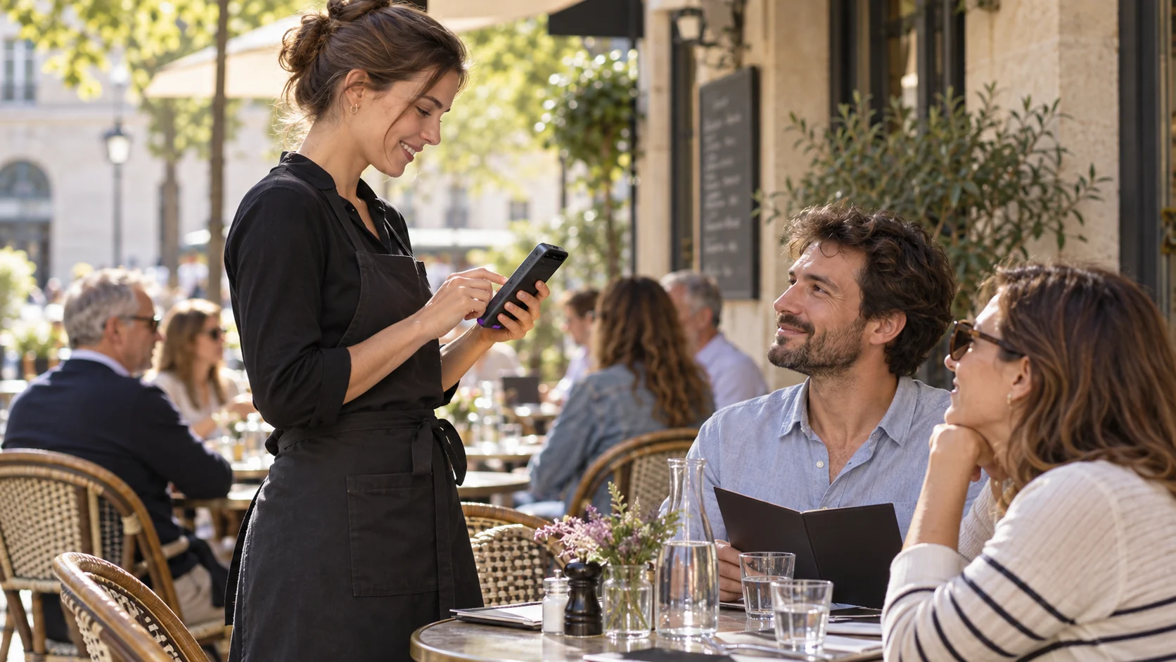 Prise de commande sur un terminal tactile en terrasse de café