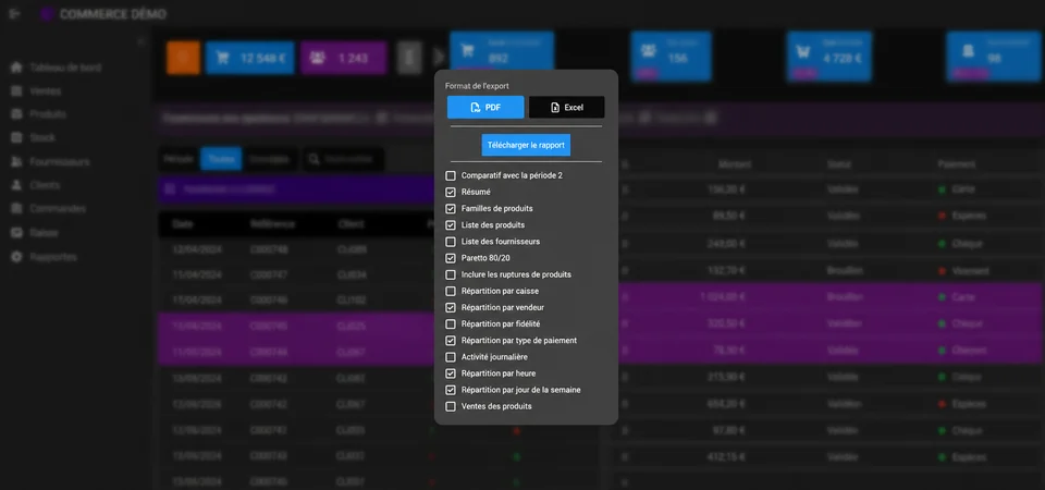 Selecting iotill Analytics report sections and exporting to PDF or Excel