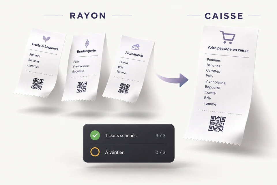 Rapprochement des tickets de rayon et des tickets scannés en caisse, avec les tickets restant à vérifier