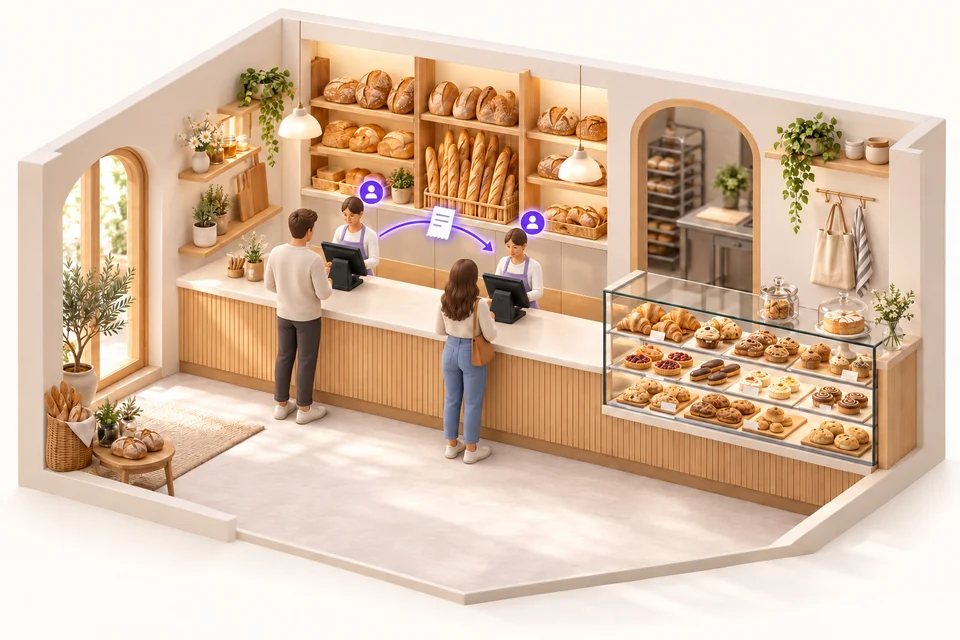 Petite boulangerie avec deux caisses au même comptoir et une vente qui passe d’un poste à l’autre