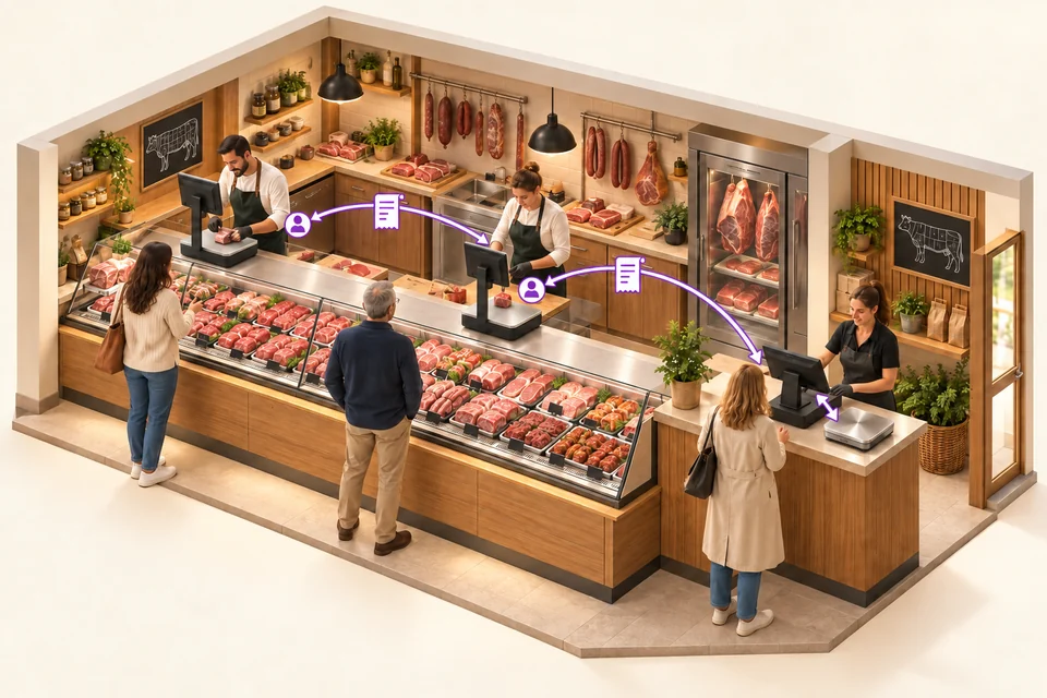 Petite boucherie avec deux balances de service et une caisse de sortie reliée à un plateau checkout