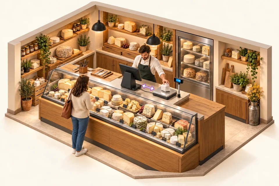 Fromagerie avec une seule caisse tout-en-un et une balance checkout connectée, utilisées côté vendeur