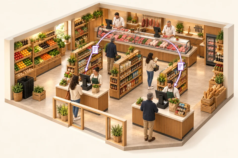 Épicerie avec deux caisses de sortie et deux balances au rayon boucherie