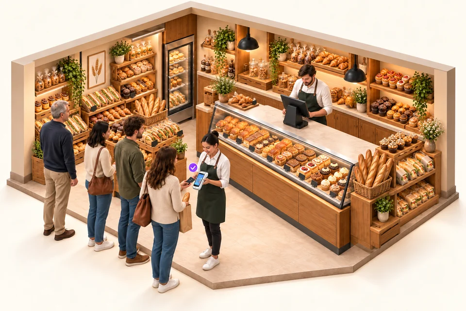 Bakery with a fixed till and an iotill Pocket team member taking payment for items sold by the piece in the queue, without weighing