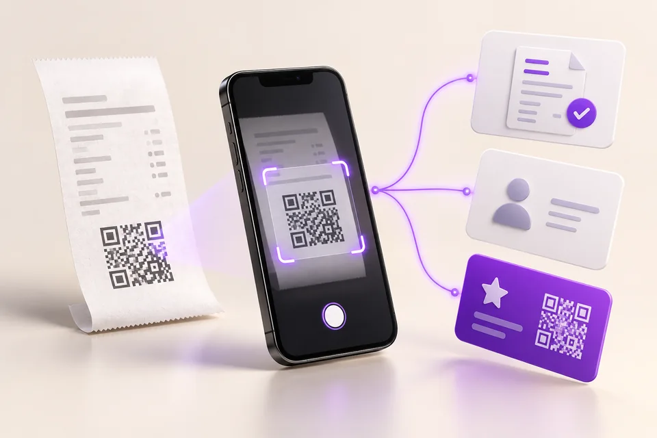 Smartphone scannant le ticket : facture, compte client et carte de fidélité sont trois choix indépendants