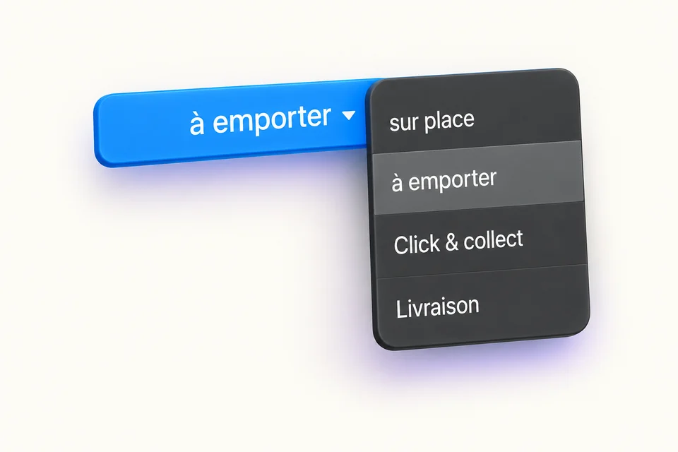 Sélecteur des modes de vente : sur place, à emporter, Click & collect et livraison