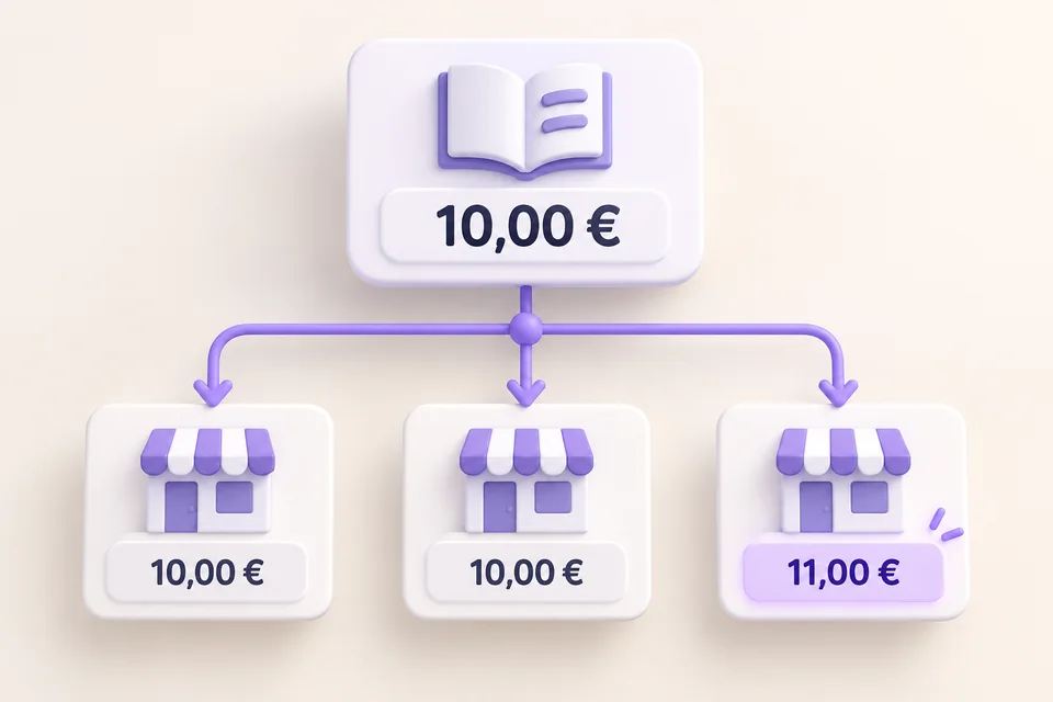 3D illustration of a shared catalogue price and a store-specific price taking precedence for one item