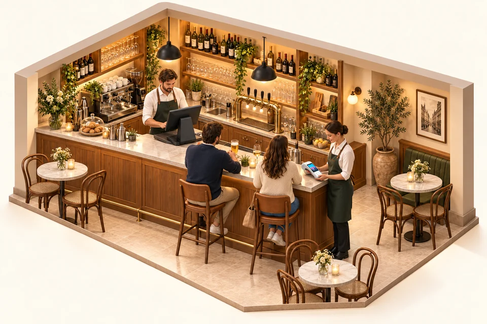 Bar with a fixed POS facing the bartender and a server using a Pocket terminal