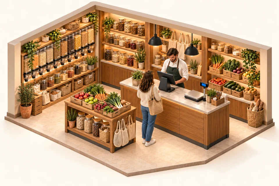 Organic and bulk shop with a staff-facing POS and a separate checkout weighing platform