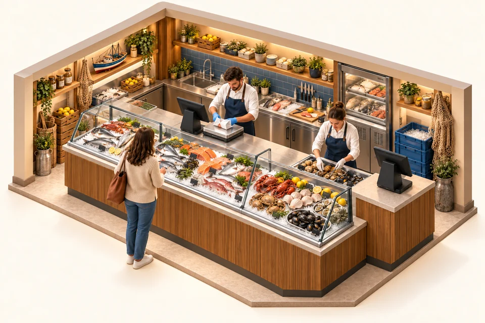 Poissonnerie avec balance Cloud Scale au service et caisse à l’extrémité du comptoir