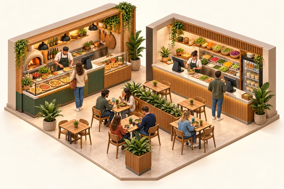 Food court with two POS-equipped counters and shared seating