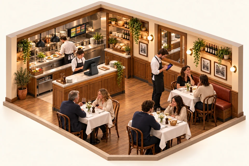 Brasserie with counter POS, a waiter using PAD at a table and a kitchen display