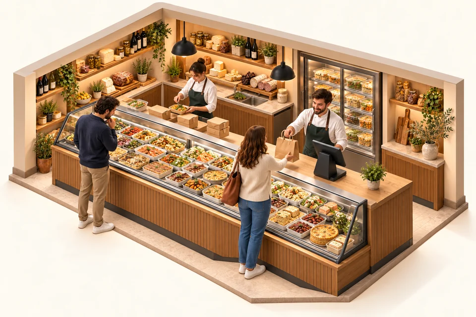 Boutique traiteur avec plats préparés, remise d’une commande et caisse au comptoir