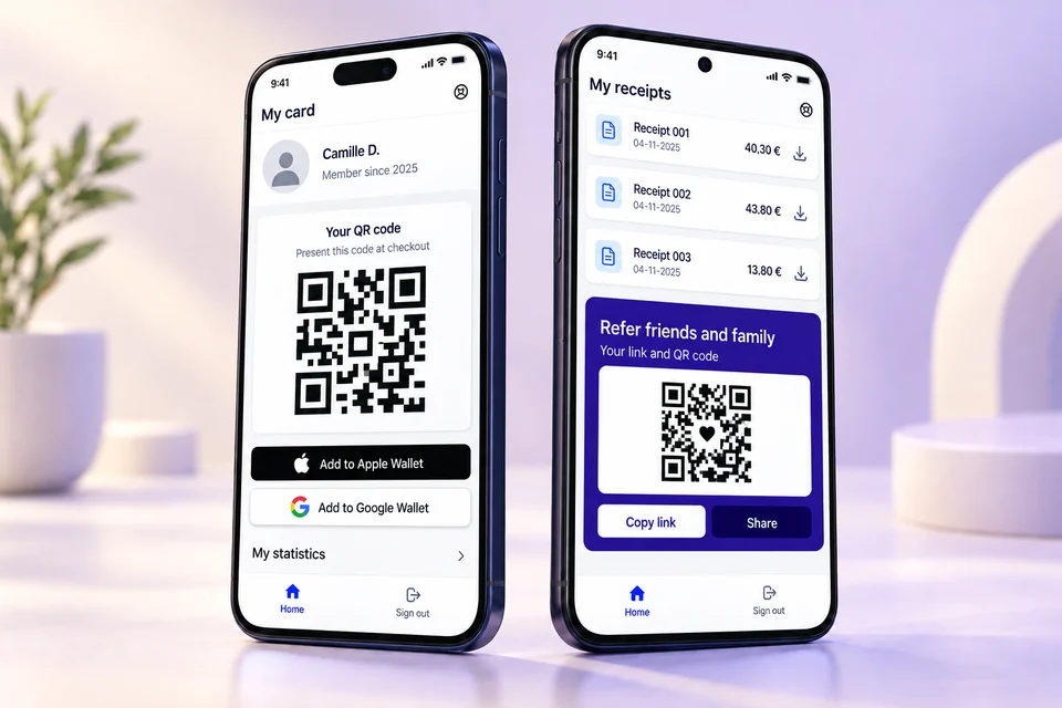iotill Wallet customer portal with loyalty card, receipts and referrals on smartphones