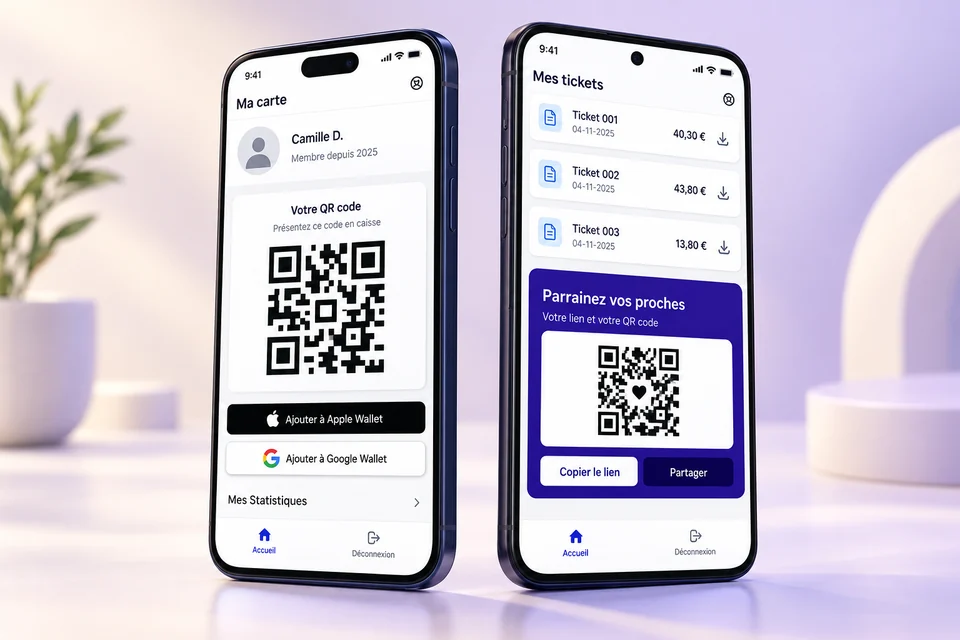 Portail client iotill Wallet avec carte de fidélité, tickets et parrainage sur smartphone