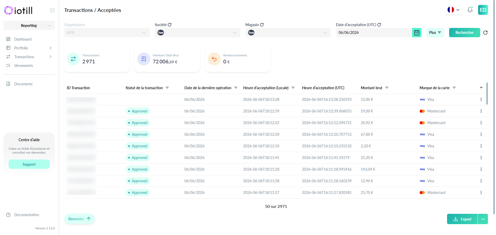 Aperçu anonymisé du portail iotill Pay : transactions acceptées, filtres et export